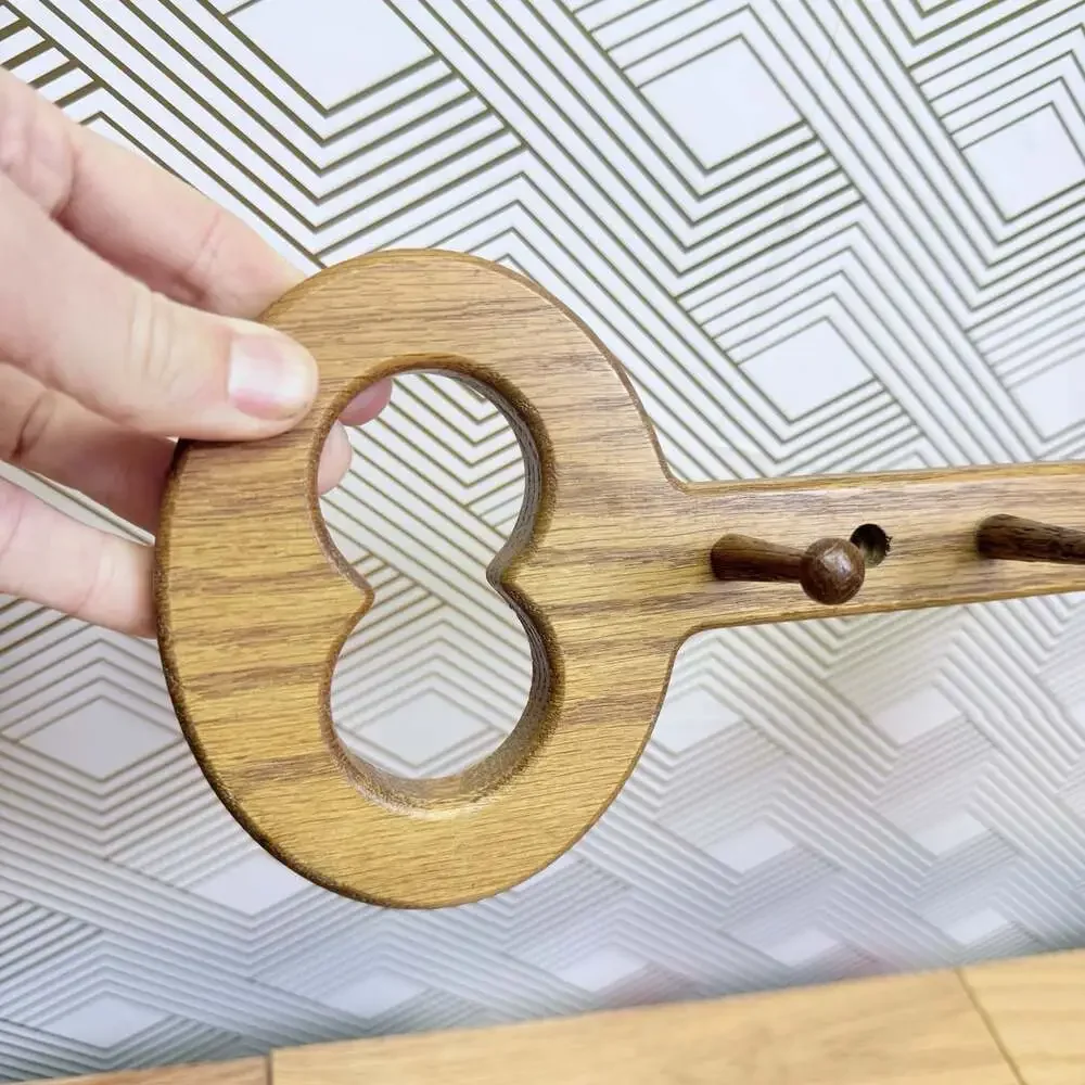 Handmade Wooden Wall Key Rack Holder Large Vintage Key Shape with pegs